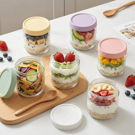 6 pack 16 oz Overnight Oats Containers with Lids, Glass Food Storage Container, Airtight Salad Jars, Mason Jars for Overnight Oats, Yogurt, Oatmeal, Salad, Coffee, Spices