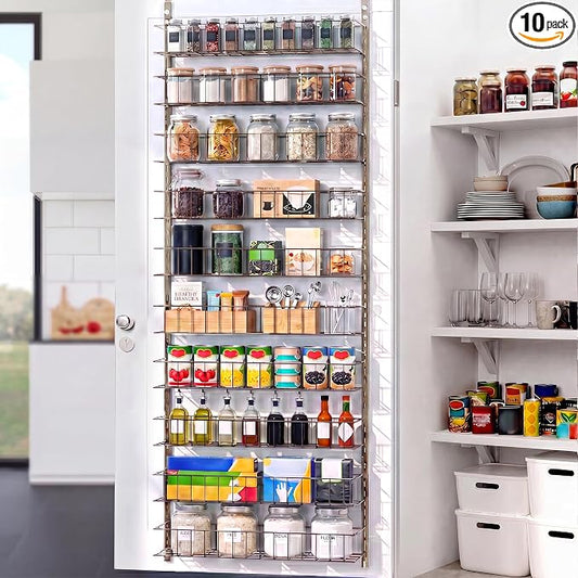 ElegantArray 10-Tier Pantry Door Oragnizer, Over The Door Pantry Organizer Rack and Storage, Hanging Spice Rack Shelves Door, Home Office Laundry Room Bathroom & Kitchen Organization, Brown