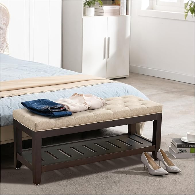 44" Ottoman Bench, Upholstered End of Bed Bench, Oversized Footrest with Wood Shelf torage Storage Bench for Bedroom, Entryway, Living Room, Light Brown