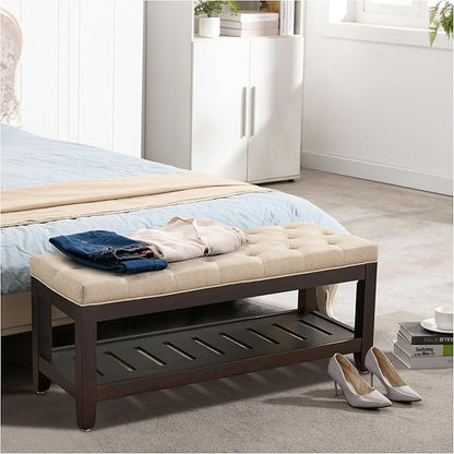 44" Ottoman Bench, Upholstered End of Bed Bench, Oversized Footrest with Wood Shelf torage Storage Bench for Bedroom, Entryway, Living Room, Light Brown