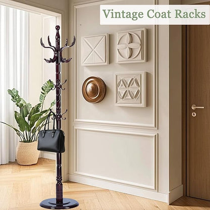 Coat Rack Freestanding,Solid Wooden Coat Rack Stand with 3 Height Options,14 Hooks, Natural Birch Coat Tree Easy to assemble for Clothes Jacket Hat bag Entryway (mahogany) (Fenghuang Gou)