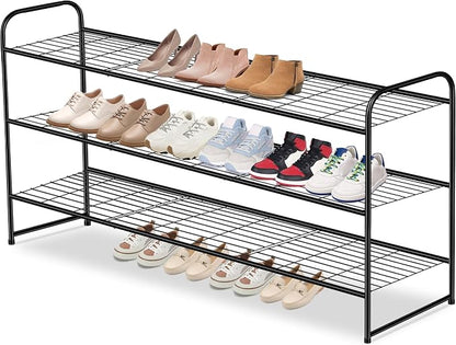 AOODA Long 3 Tier Metal Shoe Rack for Closet Wide Stackable Shoe Storage Organizer for Entryway, Bedroom, Floor, 24-Pairs Men Sneakers Shoe Shelf with Wire Grid, Black