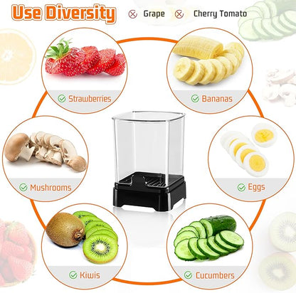 Fruit Slicer Cup for Strawberry, Banana, Hard-Boiled Egg - Detachable Cutter with Push Plate - 304 Stainless Steel Blade - Rapid & Safe Slicing Kitchen Gadget for Quick Meal Prep (Black)