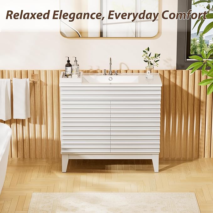 APRILSOUL 36" Bathroom Vanity with Ceramic Sink, Mid-Century Bathroom Vanity Cabinet with 2 Soft Closing Doors, Freestanding Bathroom Cabinet, Particleboard Frame with Wood Grain Laminate, White