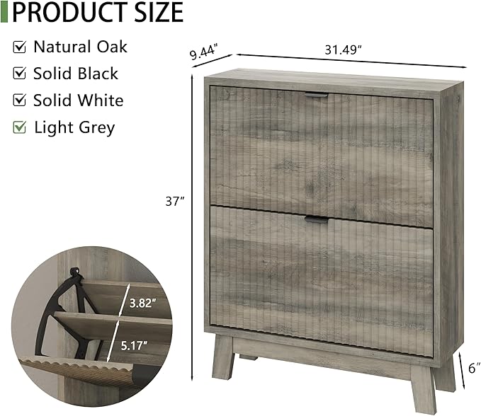 Shoe Cabinet with 2 Flip Drawers, 37" Tall Narrow Fluted Shoe Storage Organizer for Entryway, Hidden Slim Wooden Shoe Rack Cabinet for Front Door Entrance, Hallway, Living Room, Light Grey
