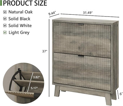 Shoe Cabinet with 2 Flip Drawers, 37" Tall Narrow Fluted Shoe Storage Organizer for Entryway, Hidden Slim Wooden Shoe Rack Cabinet for Front Door Entrance, Hallway, Living Room, Light Grey
