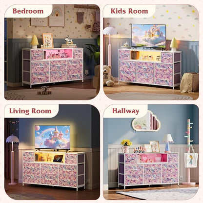 WLIVE Dresser TV Stand for 45, 50, 55 inch TV, Entertainment Center with LED Lights & Charging Station, Chest of Drawers with 8 Fabric Drawers for Living Room, Tie-dye Print (Pink, Purple, Blue)