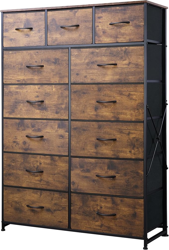 Tall Console Table with 13 Fabric Drawers, Entryway Table with Storage, Tall Storage Organizer with Wood Top, Steel Frame for Living Room, Hallway, Office, Rustic Brown Wood Grain Print