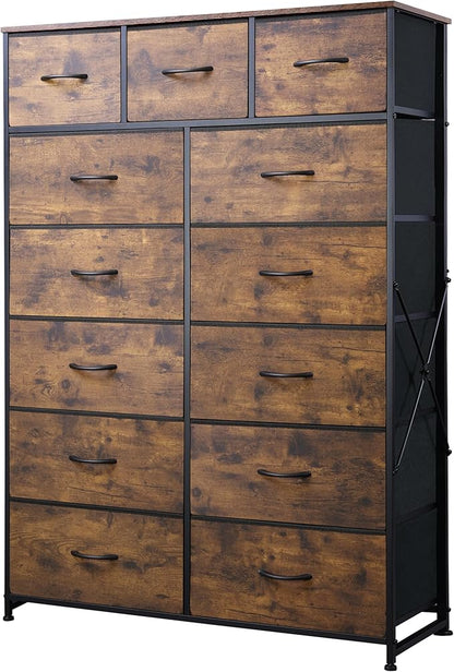 Tall Console Table with 13 Fabric Drawers, Entryway Table with Storage, Tall Storage Organizer with Wood Top, Steel Frame for Living Room, Hallway, Office, Rustic Brown Wood Grain Print