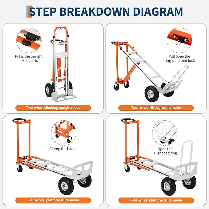 GarveeTech 3 in 1 Convertible Hand Truck Dolly, 770 LBS Load Capacity Folding Cart with Wheels, Elastic Straps, Aluminum Collapsible Dolly Cart for Home, Warehouse, Supermarket, Office
