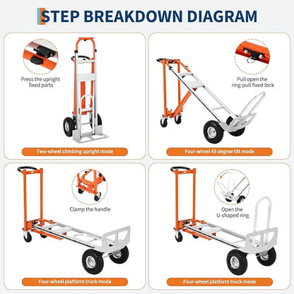 GarveeTech 3 in 1 Convertible Hand Truck Dolly, 770 LBS Load Capacity Folding Cart with Wheels, Elastic Straps, Aluminum Collapsible Dolly Cart for Home, Warehouse, Supermarket, Office