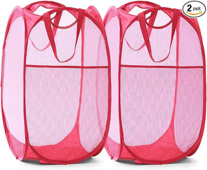 TECHMILLY Collapsible Mesh Pop Up Laundry Hamper with Sturdy Handles and Side Pocket - Portable Foldable Clothes Baskets for Dorm, Bathroom & Travel Storage (Pink, 2 Packs)