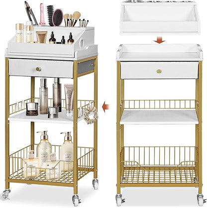 Makeup Organizer Cart with Drawer, 2-in-1 Rolling Organizer Cart with Hair Tool Holder, Vanity Storage for Skincare, Perfume, Nail Polish, Cosmetics, Gold Finish