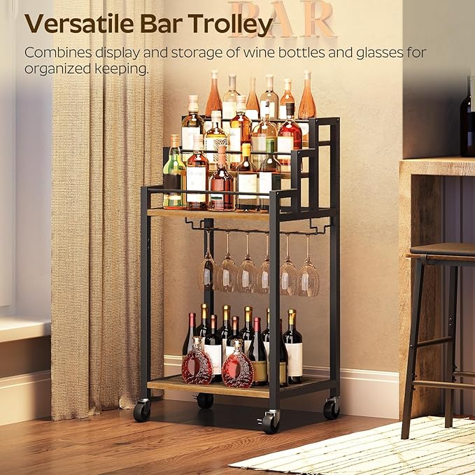 Bar Cart, 3 Tier Home Bar Serving Cart with Glass Holder, Versatile Display Wine Rack Trolley, for Living Room, Kitchen, Rustic Brown BC08BR