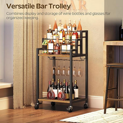Bar Cart, 3 Tier Home Bar Serving Cart with Glass Holder, Versatile Display Wine Rack Trolley, for Living Room, Kitchen, Rustic Brown BC08BR