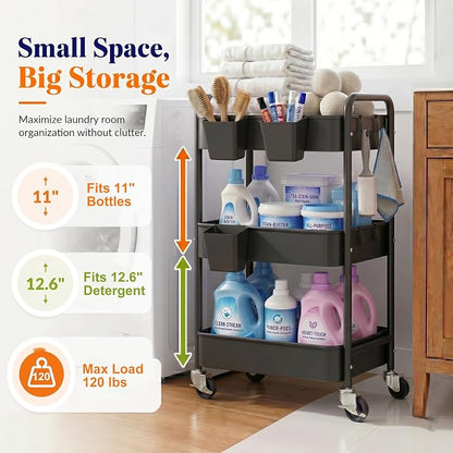 3 Tier Rolling Cart on Wheels, Metal Utility Storage Cart with Wheels, Three Tiered Craft Carts Organizer with Hanging Cups, Hooks, Mesh Basket for Bedside, Kitchen, Bathroom, Office, Art, Snack,Black