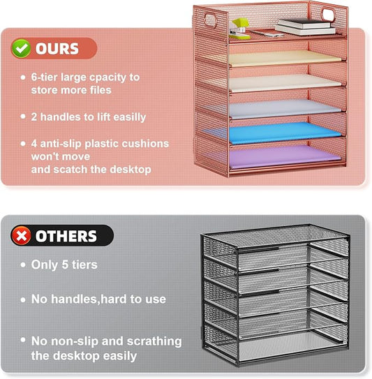 Marbrasse 6 Tier Paper Organizer Letter Tray - Mesh Desk File Organizer with Handle, Paper Sorter Organizer for Letter/A4 Office File Folder Holder - Rose Gold