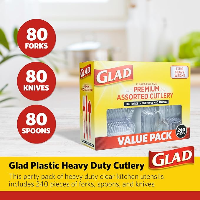 Glad Disposable Cutlery Set - Clear Heavy Duty Plastic Forks, Knives, and Spoons - 240 Piece Plasticware for Parties - Durable, Sturdy Recyclable Utensils - Great for July 4th, Thanksgiving, Christmas