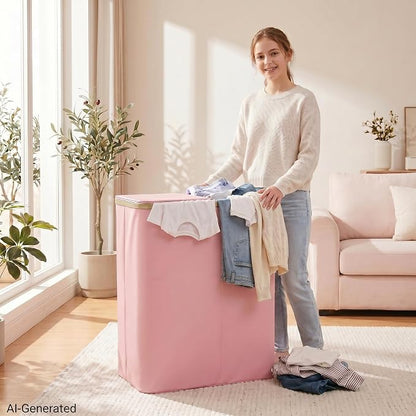 DOKEHOM 160L Extra Large Laundry Hamper with Lid, 2-Section Double Laundry Basket with Removable Mesh Liner Bags, Collapsible Clothes Sorter for Family, Bedroom, Laundry Room, Pink