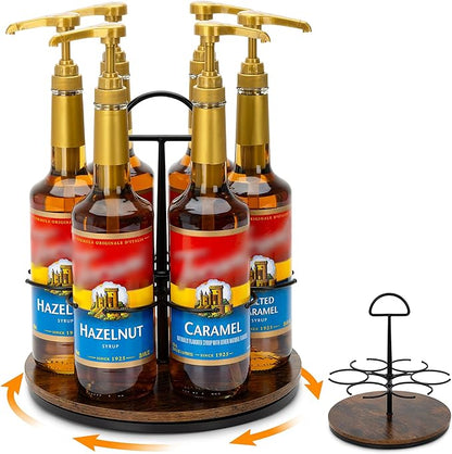 Rotating Coffee Syrup Organizer Hold 6 Bottles, Wood Coffee Syrup Rack for Countertop, Large Bottle Holder Stand for Bar Station, Turntable Wine Display Tray (Black - 6 Bottles)