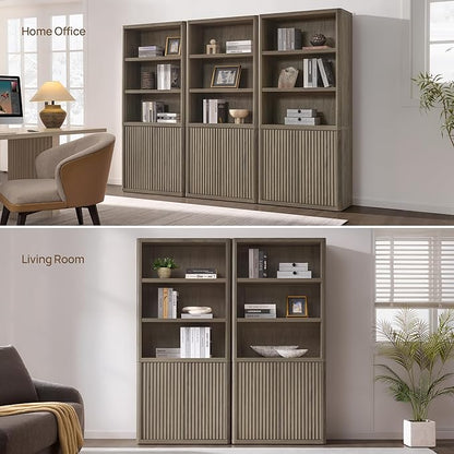 SICOTAS Book Shelf with Doors 71" Tall 6 Tier Bookshelf with Adjustable Shelves Fluted Booshelves & Bookcases Modern Book Case with Large Storage Display Cabinet for Living Room Home Office Bedroom