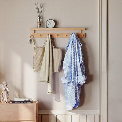 Solid Wood Wall Hooks with Shelf, Coat Rack Wall Mount, Entryway Hanging Shelf with 7 Brass Hooks for Hats, Clothes, Towels, Bags, Beech Wood, Natural