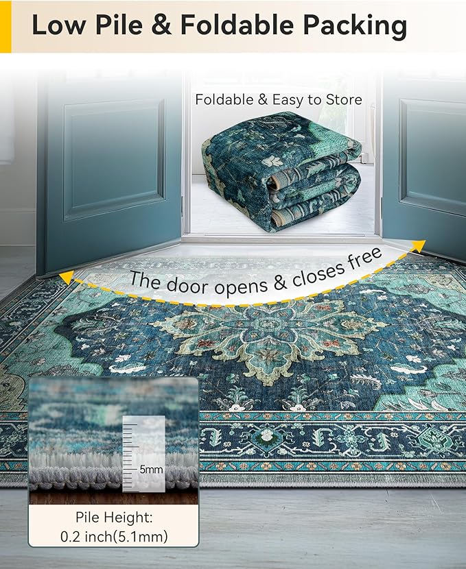 RELEANY Area Rugs Runner 2'6"x12' Washable Non-Slip, Floral Vintage Distress Medallion Carpet for Kitchen Hallway Bedroom Beside Laundry Room Bathroom, Teal Green Lake Blue Turquoise