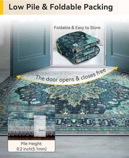 RELEANY Area Rugs Runner 2'6"x10' Washable Non-Slip, Floral Vintage Distress Medallion Carpet for Kitchen Hallway Bedroom Beside Laundry Room Bathroom, Teal Green Lake Blue Turquoise