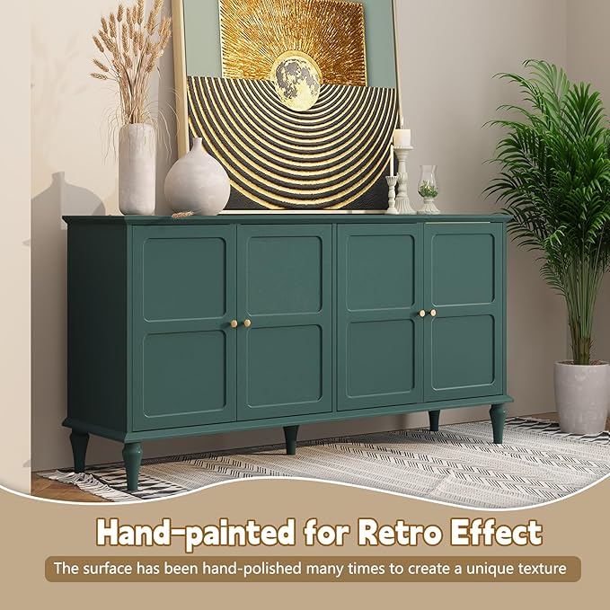 ARTPOWER 58'' Mid-Century Modern Buffet Storage Cabinet with 4 Doors and Adjustable Shelves, Accent Style Sideboard for Entryway, Dining Room, Living Room, Green