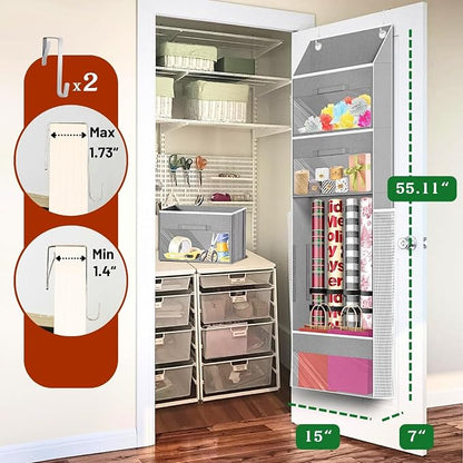 Light Grey Over Door Wrapping Paper Organizer Storage with 3 Removable Drawers & Side Pockets –Dual Use Design with Elastic Straps Wrap Storage for Ribbons,Bows,Ornament and Other Tools