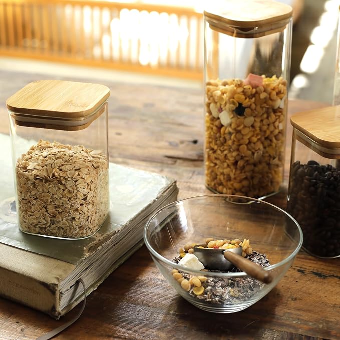 LIBWYS 8-Pack Square Glass Storage Jars with Bamboo Lids (0.6Qt/1.06Qt) - Stackable Food Containers for Pantry Organization, Coffee, Flour, Snacks, Tea | Kitchen Canisters Set