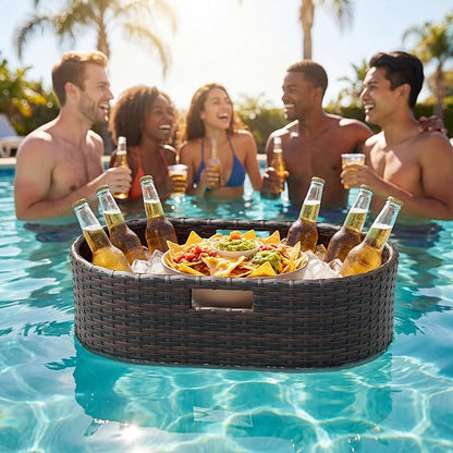 Greesum Wicker Pool Floating Tray, 26”x15” Oval Portable Serving Tray for Holding Fruits, Drinks & Essentials, Suitable for Pool Activities, Bathtub, Hot Tub, Beach Parties, Brown