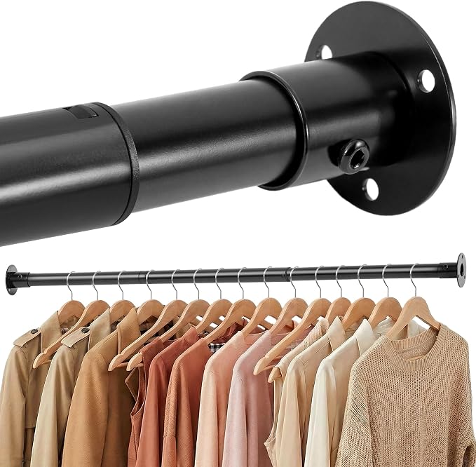STORAGE MANIAC Closet Rods for Hanging Clothes 17.5 to 45 Inches Heavy Duty Stepless Adjustable Closet Hanging Rod 1.2 Inch Diameter Metal Closet Rod for Wardrobe Bathroom Bedroom Laundry RV, Black