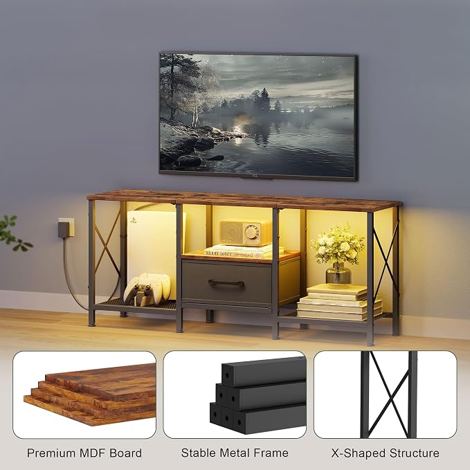 JARHETUN LED TV Stand with Fabric Drawer, Entertainment Center for 50 55 Inch TV, Industrial TV Console Table with Open Storage Shelves for Living Room, Bedroom, Rustic Brown