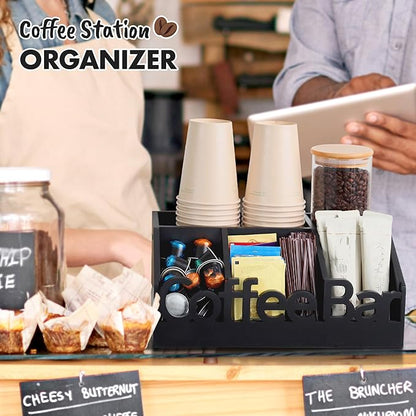 Coffee Bar Organizer for Countertop – Wooden Coffee and Tea Station Caddy with Tray for Pods, Cups, Condiments, and Accessories – Kitchen or Office Counter Storage (Medium Size -Black)