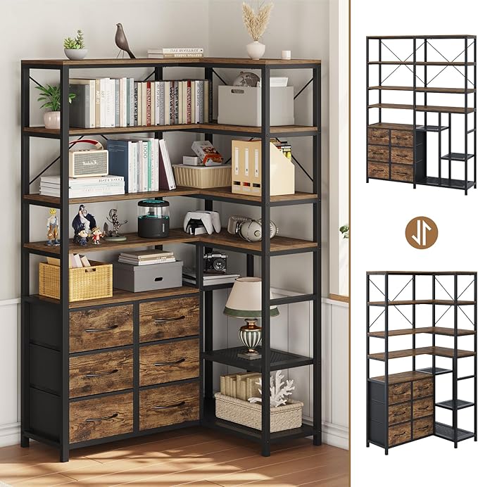 HAUOMS Corner Bookshelf, 7-Tier Industrial Convertible Book Shelf with 6 Fabric Drawers, Corner Bookcase Freestanding Display Shelf for Living Room, Kitchen, Home Office, Rustic Brown