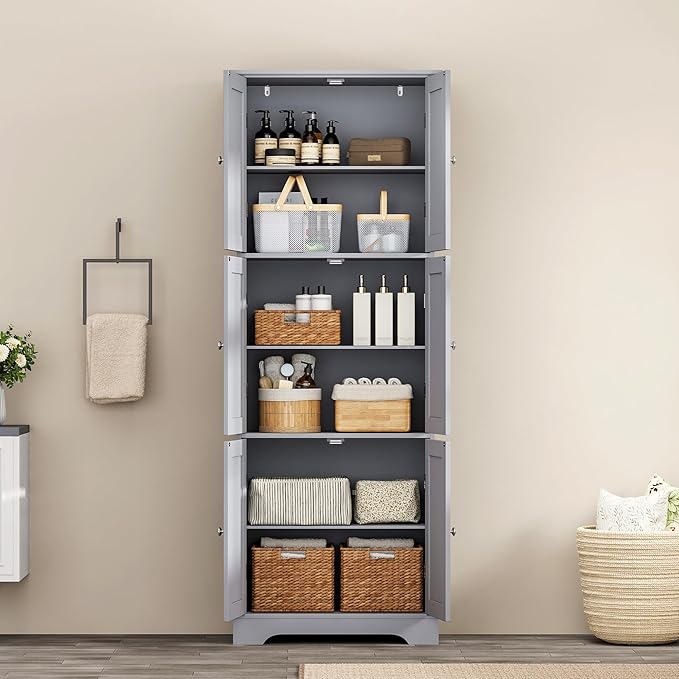 ChooChoo Tall Bathroom Storage Cabinet with 6 Doors, Freestanding Floor Cabinet with Adjustable Shelves, Grey Pantry Cabinet for Bathroom, Kitchen, Laundry Room