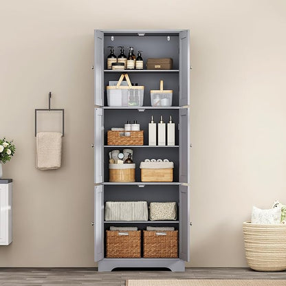 ChooChoo Tall Bathroom Storage Cabinet with 6 Doors, Freestanding Floor Cabinet with Adjustable Shelves, Grey Pantry Cabinet for Bathroom, Kitchen, Laundry Room