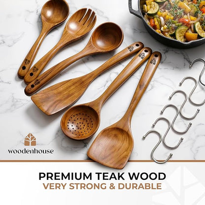 Wooden Spoons for Cooking – 6 Pcs Premium Teak Wooden Utensil Set with Hooks - Durable, Nonstick Safe, Easy to Clean & Heat Resistant with Ergonomic Handles