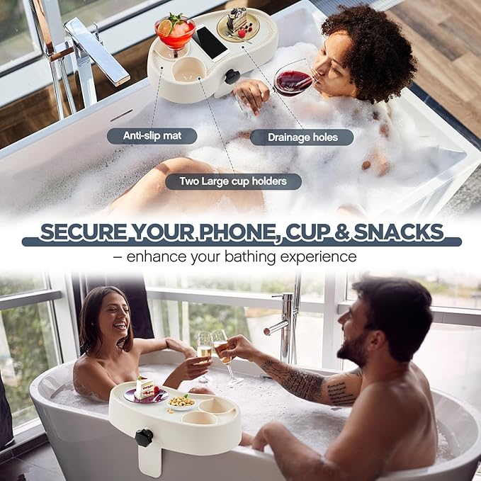 Geelin 1 Pc Hot Tub Table Tray, Adjustable Aboveground Bathtub Tray with 2 Cup Holder, Between 2'' to 7.5'' Nonslip Hot Tub Accessories Shelf Drinks Snacks Phone Holder for Spa Bathtub (Ivory White)