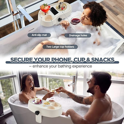 Geelin 1 Pc Hot Tub Table Tray, Adjustable Aboveground Bathtub Tray with 2 Cup Holder, Between 2'' to 7.5'' Nonslip Hot Tub Accessories Shelf Drinks Snacks Phone Holder for Spa Bathtub (Ivory White)