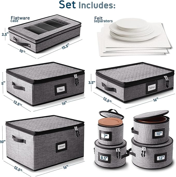 STORAGEBUD China Storage Containers Hard Shell, 8 Piece Flatware & Utensil with Mug Storage, Wine Glass 4 Dish Platter Case, Padded Dinnerware Containers, (sb-hds-09)