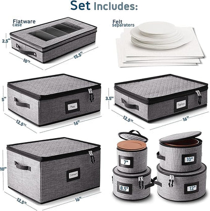 STORAGEBUD China Storage Containers Hard Shell, 8 Piece Flatware & Utensil with Mug Storage, Wine Glass 4 Dish Platter Case, Padded Dinnerware Containers, (sb-hds-09)