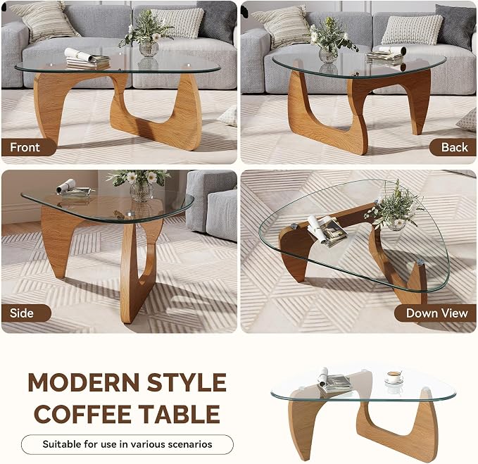Modern Glass Coffee Table, Triangle Center Table with Tempered Glass Top& Unique Wooden Base, 35.5” Mid Century Tea Tables for Living Room, Apartment, Office,Wood &Transparent