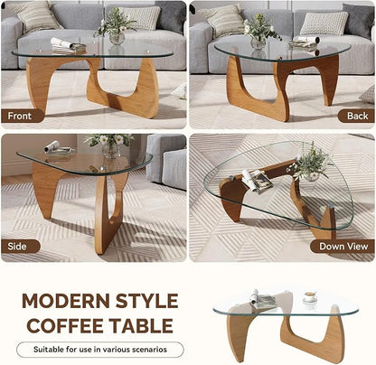 Modern Glass Coffee Table, Triangle Center Table with Tempered Glass Top& Unique Wooden Base, 35.5” Mid Century Tea Tables for Living Room, Apartment, Office,Wood &Transparent