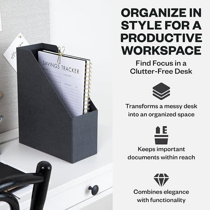 Bigso Estelle Fibreboard Magazine Holder with Leather Handle - Magazine File Holder and Organizer for Papers and Catalogs on Home or Office Desks - W4.4 x D9.8 X H12.7 (inches) - Black