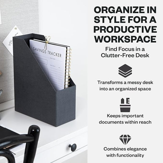 Bigso Estelle Fibreboard Magazine Holder with Leather Handle - Magazine File Holder and Organizer for Papers and Catalogs on Home or Office Desks - W4.4 x D9.8 X H12.7 (inches) - Black