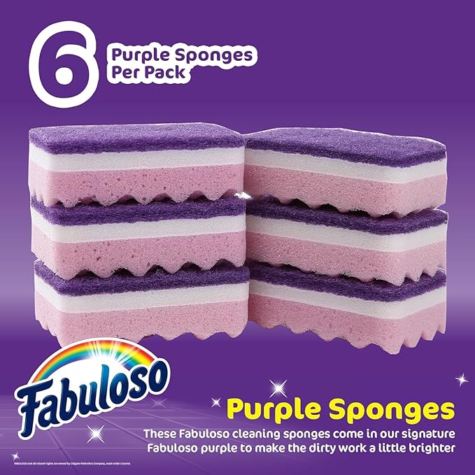 Fabuloso Scratch-Free Kitchen Dish Sponges Purple Cellulose Scrubber Sponge Scouring Pad Dishes Pots Pans Counters and Sinks Tough on Messes 4.25 x 2.75 x 1.25 in 6 Count 2 Pack Kitchen Cleaning