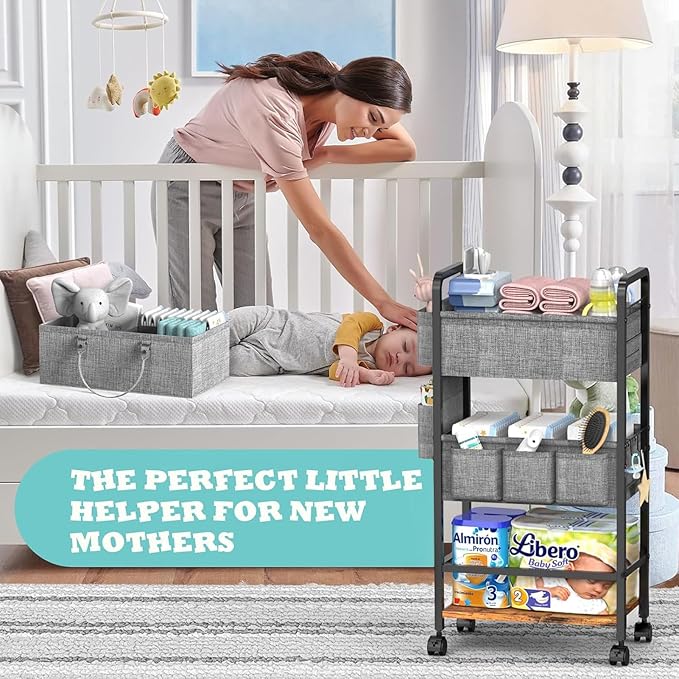 LIDTOP 2In1 Baby Diaper Caddy & 4-Tier Rolling Diaper Cart, Diaper Caddy Organizer Cart with Dividers & Drawer, Mobile Metal Bedside Cart for Nursery Essentials Storage, Large Capacity