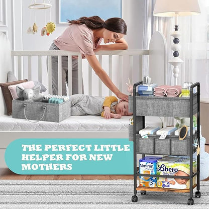 LIDTOP 2In1 Baby Diaper Caddy & 4-Tier Rolling Diaper Cart, Diaper Caddy Organizer Cart with Dividers & Drawer, Mobile Metal Bedside Cart for Nursery Essentials Storage, Large Capacity
